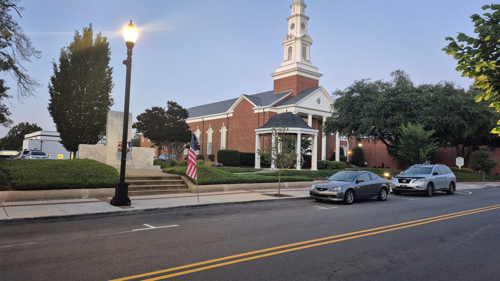 Central United Methodist Church and war memorial at 30 Union St N, Concord NC